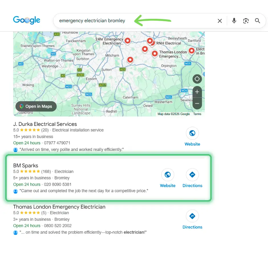 BM Sparks appearing in Google local results for emergency electrician Bromley