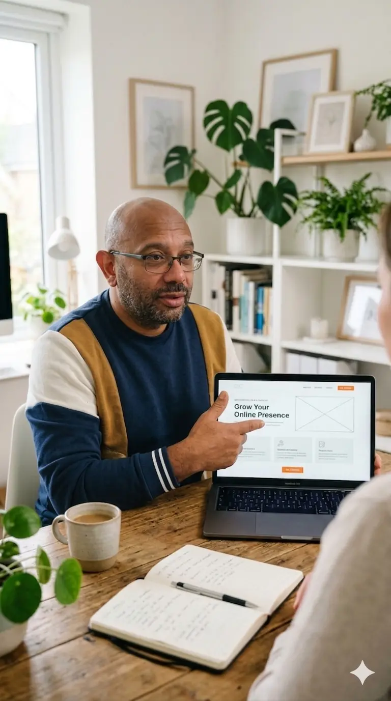 Web designer explaining a small business website layout on laptop