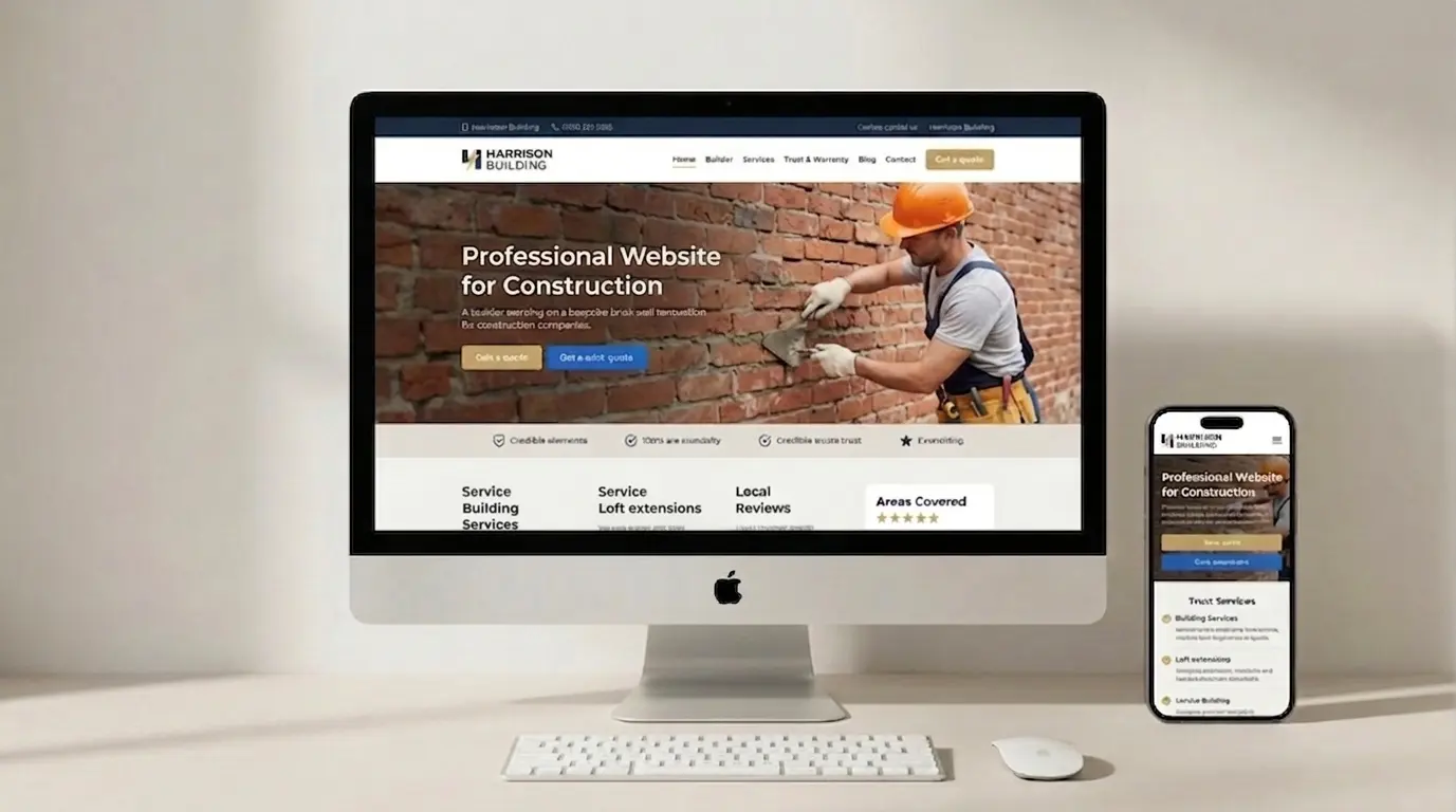 Website design for a local construction company business displayed on iMac and iPhone