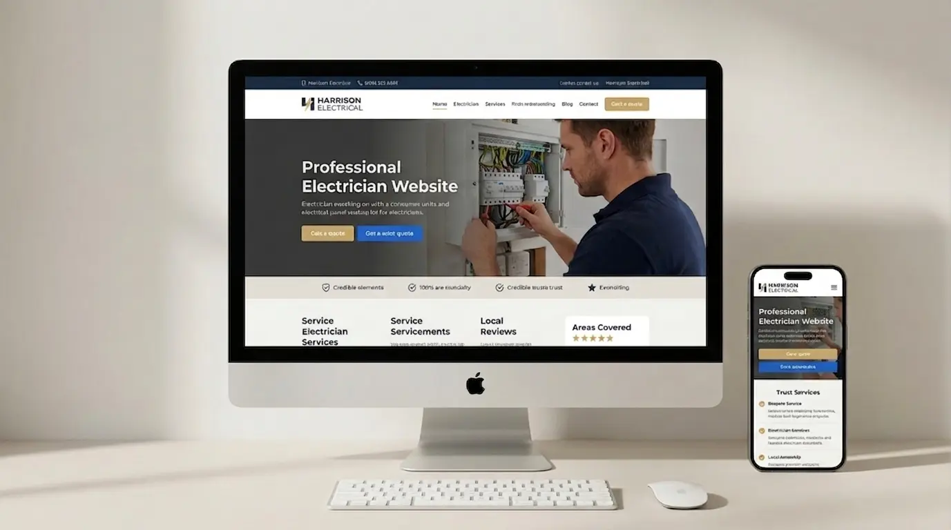 Website design for a local electricians business displayed on iMac and iPhone