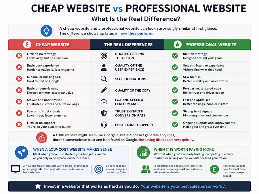 Cheap vs professional website infographic showing differences in SEO, design, performance, trust signals and lead generation effectiveness.