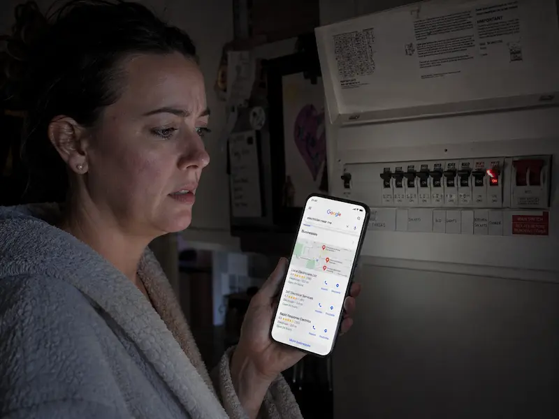 Homeowner searching for an emergency electrician on their mobile phone at night
