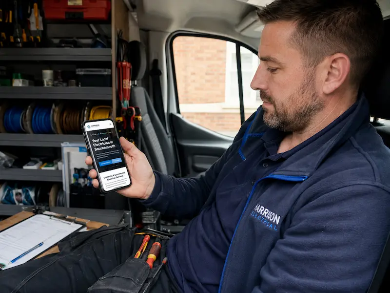 UK electrician reviewing his website on a smartphone