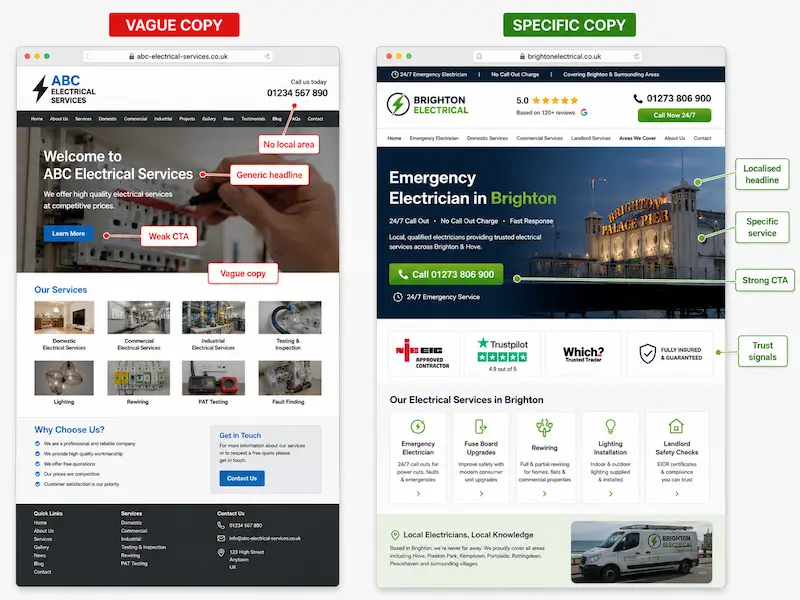 Side-by-side comparison of vague vs specific electrician website copy