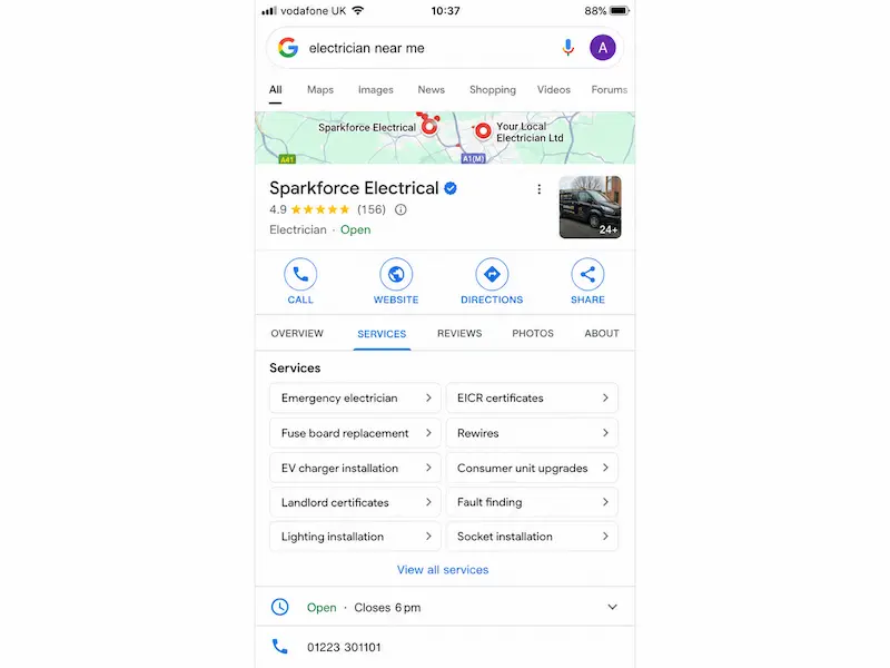 An example of a screenshot of detailed services list on a UK electrician's Google Business Profile