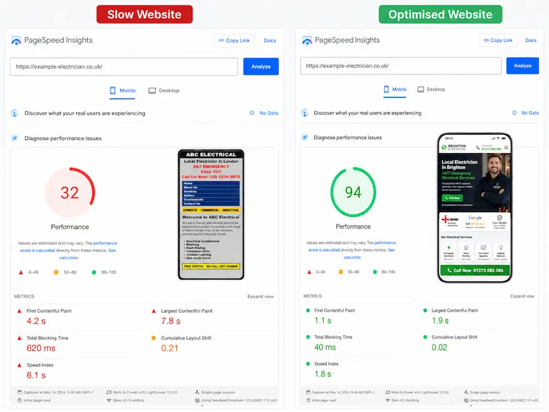 Electrician website speed test results on mobile