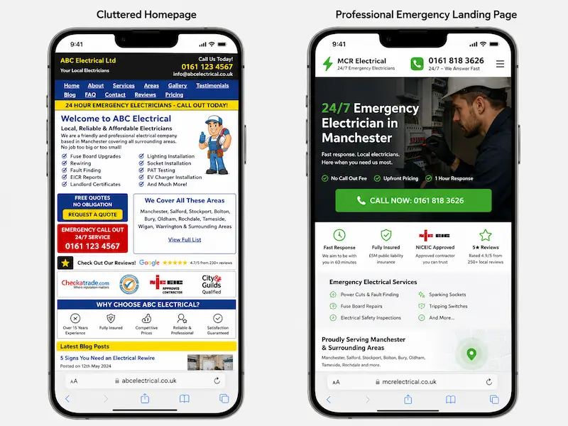 Comparison between a generic electrician homepage and a dedicated emergency landing page