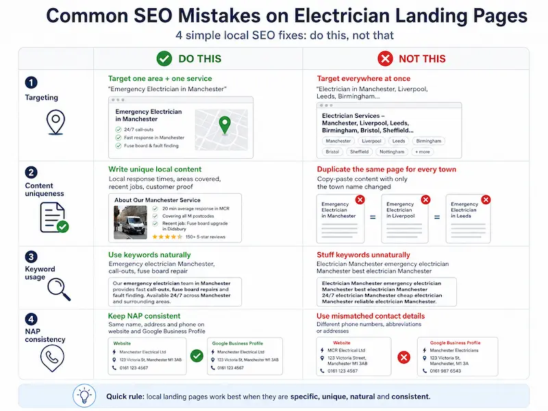 Visual checklist of common SEO mistakes on electrician landing pages
