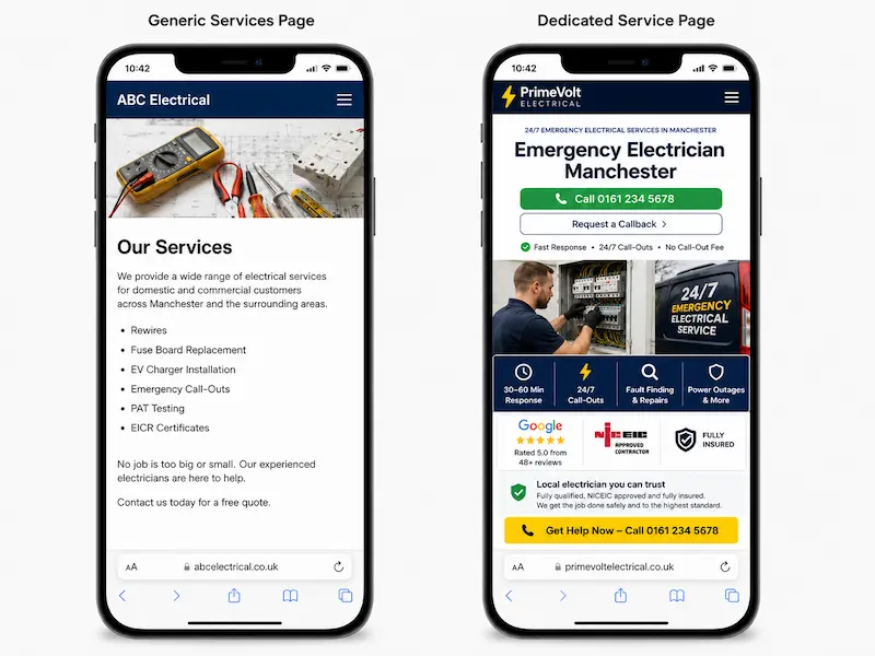 Comparison between generic services page and dedicated service page for UK electrician