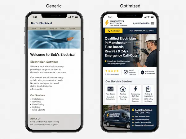 Comparison between a generic and optimized electrician website homepage on mobile, showing improved SEO, click-to-call visibility and modern design