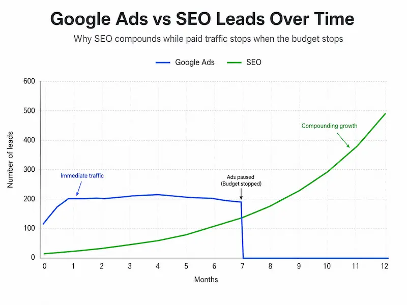 Chart comparing Google Ads and SEO lead growth over 12 months, 
showing long-term SEO growth versus paid traffic stopping when ads end