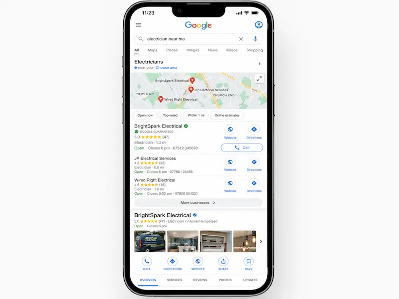 UK electrician's optimised Google Business Profile example shown on smartphone with map pack results
