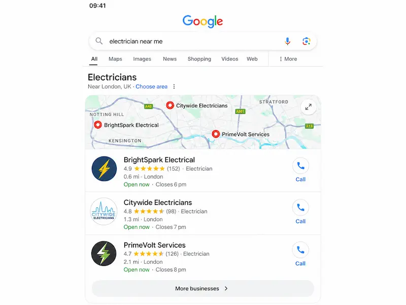 Mobile Google search result for electrician near me showing the local 3-pack with electricians, reviews and call buttons