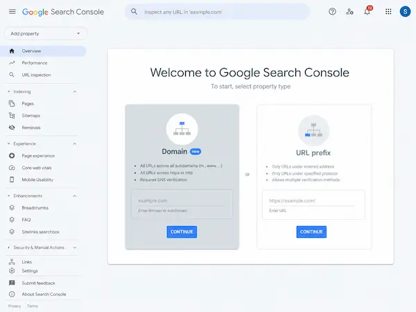 Google Search Console property setup screen website verification