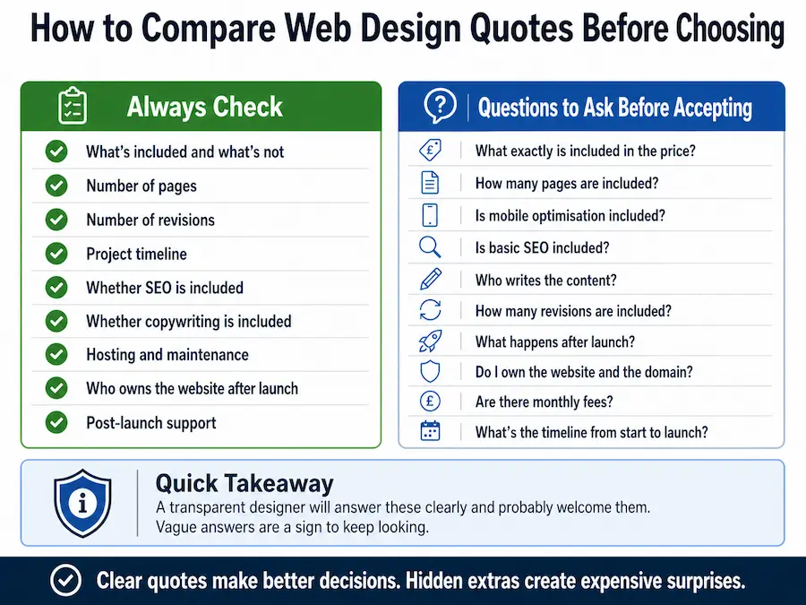 Infographic checklist on how to compare web design quotes, covering inclusions, SEO, revisions, ownership, pricing and post-launch support.