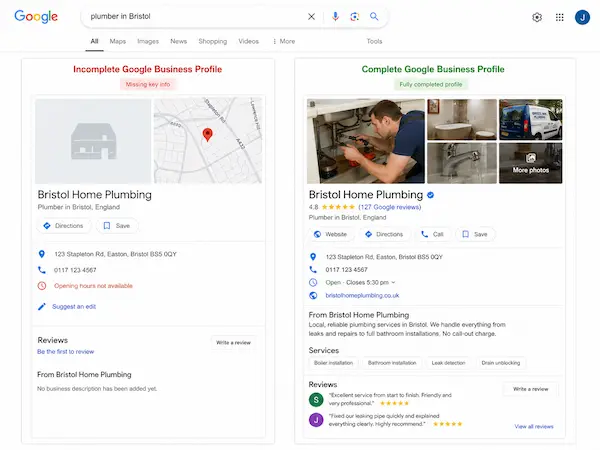 Comparison between an incomplete and a complete Google Business Profile for UK small business