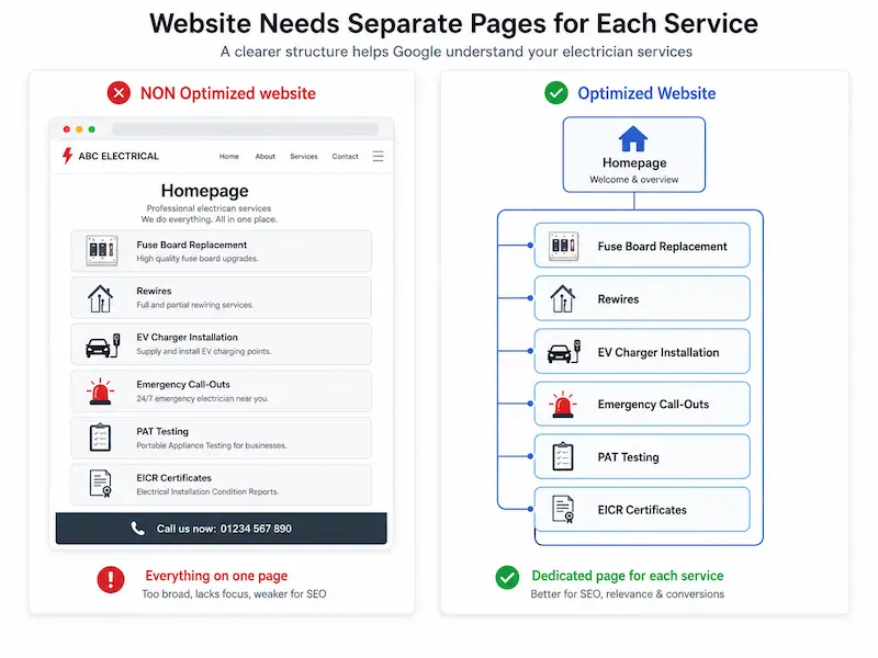 Diagram comparing optimized vs non-optimized electrician website structure with 
separate service pages for better local SEO and Google rankings