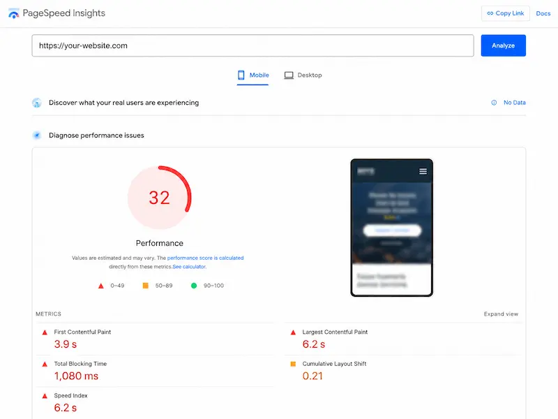 Google PageSpeed Insights mobile score showing red performance rating