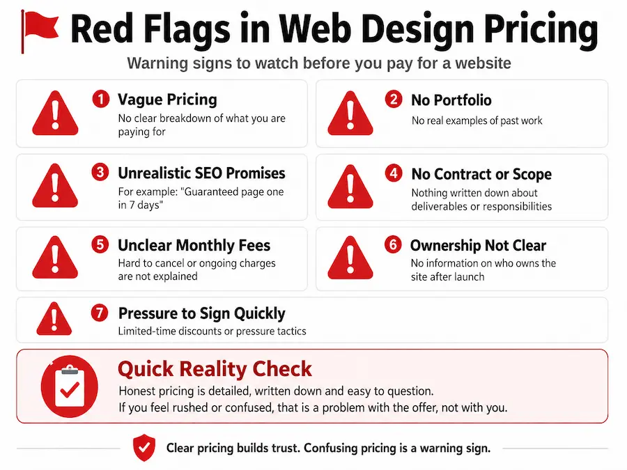 Infographic showing red flags in web design pricing, including vague pricing, no portfolio, unrealistic SEO promises and hidden fees.