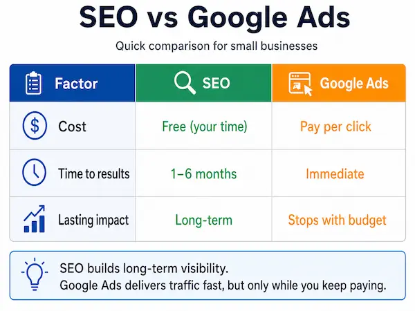 SEO vs Google Ads comparison infographic showing cost, time to results and long-term impact for small businesses