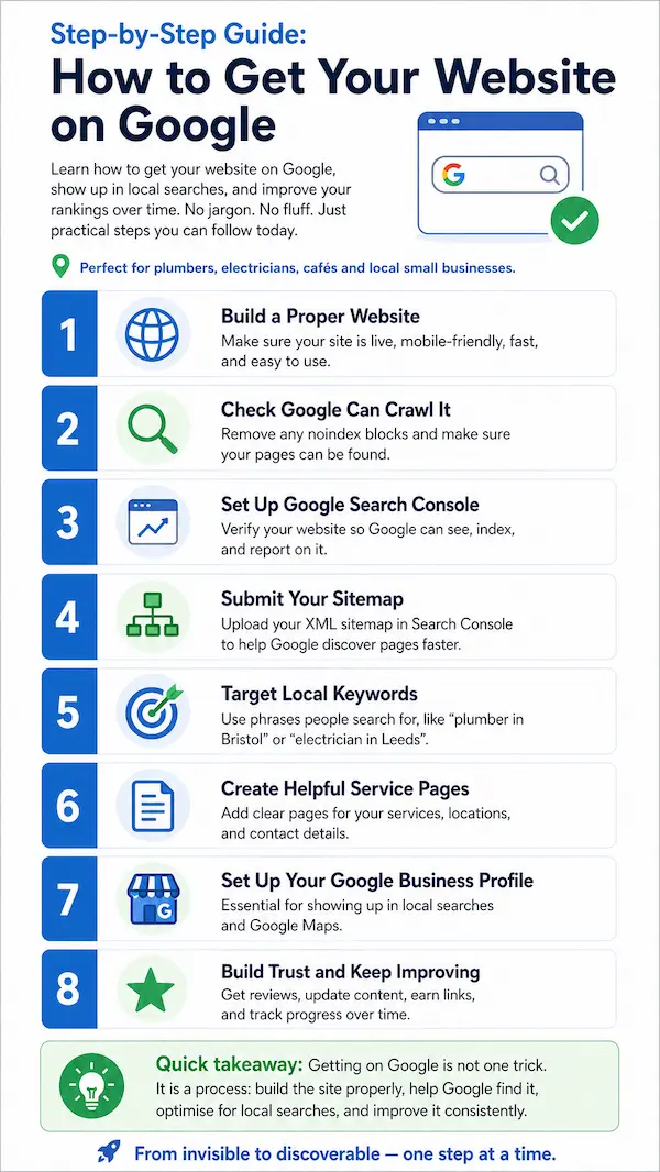 Step-by-step infographic showing how to get a website on Google, including Search Console, sitemap submission, local keywords and Google Business Profile