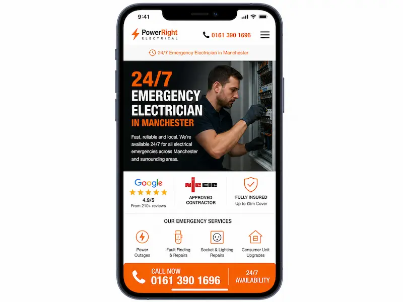 Mobile screenshot showing a sticky call now bar at the bottom of an electrician landing page