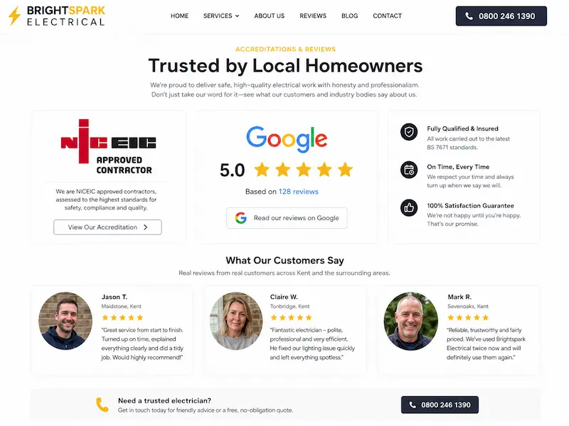 Example of trust badges and Google reviews on an electrician website