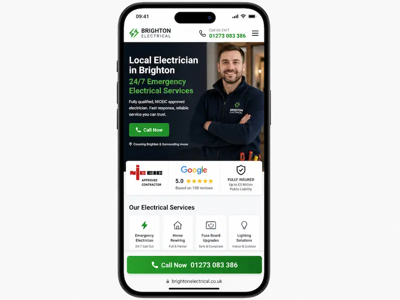 Mobile view of an electrician website with trust signals and call button