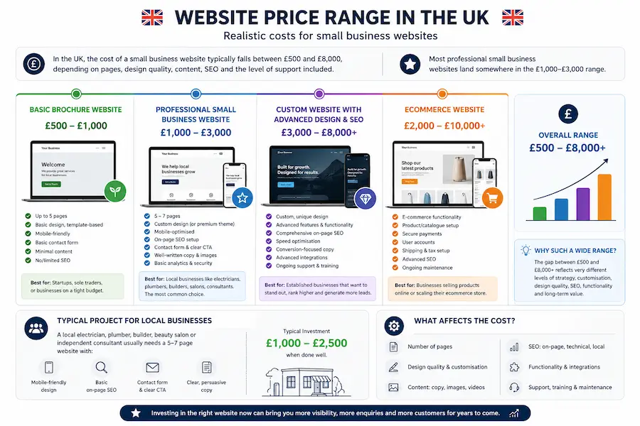 Infographic showing website cost ranges in the UK for small businesses, including brochure, professional, custom and ecommerce website pricing